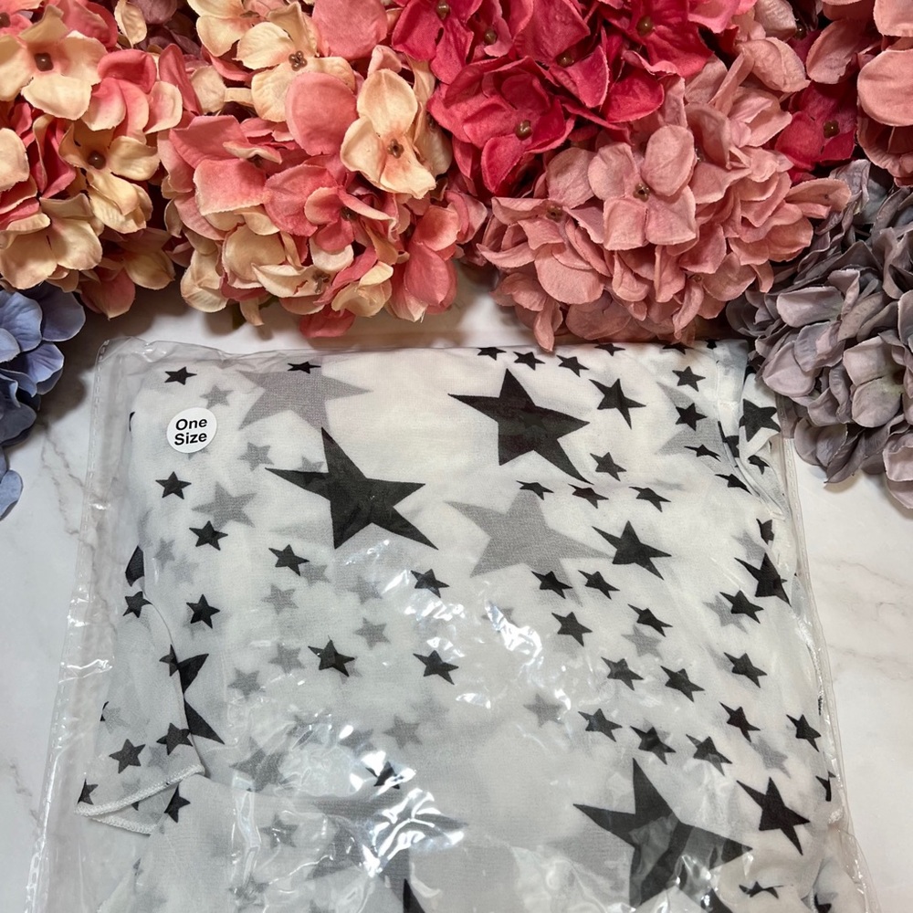 Boho White Chiffon with Black Stars Kimono Duster Beach Coverup - Picture 15 of 16